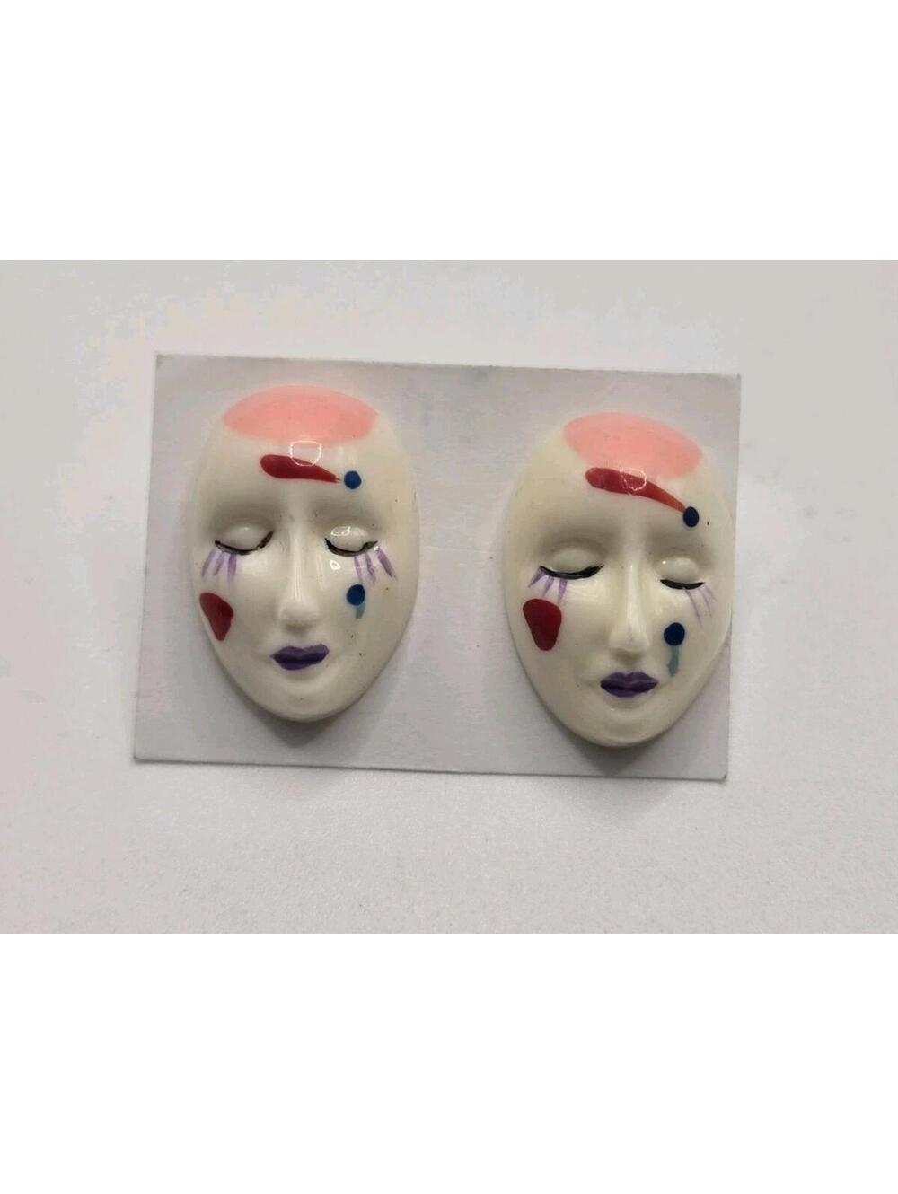 Retro 1980s Kitschy Pierrot Resin Mask Earrings - Hand Painted Clown Mime